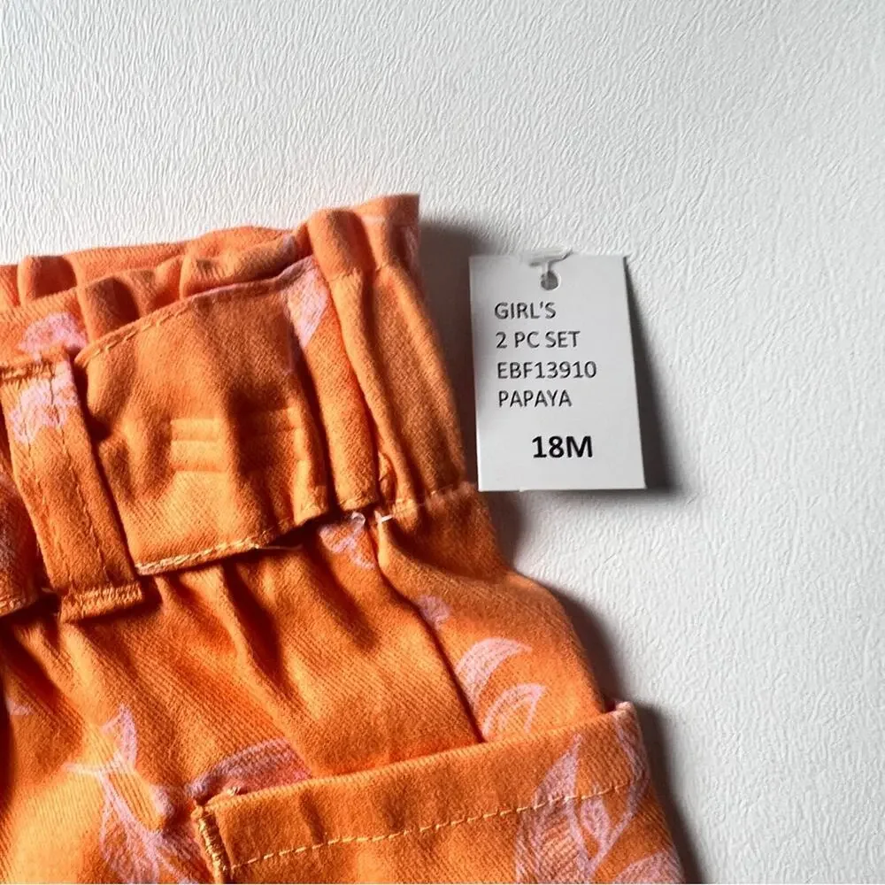 Eddie Bauer Girls Orange Papaya Short Sleeve Button Front Tie Waisted Set Sz 18M